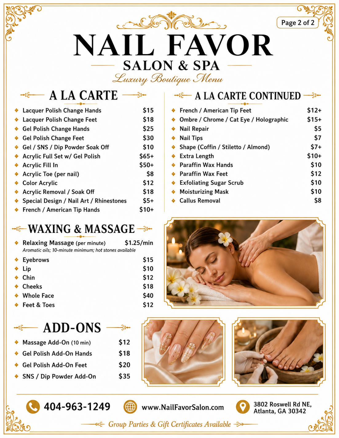 Nail Favor Salon and Spa service pricing list