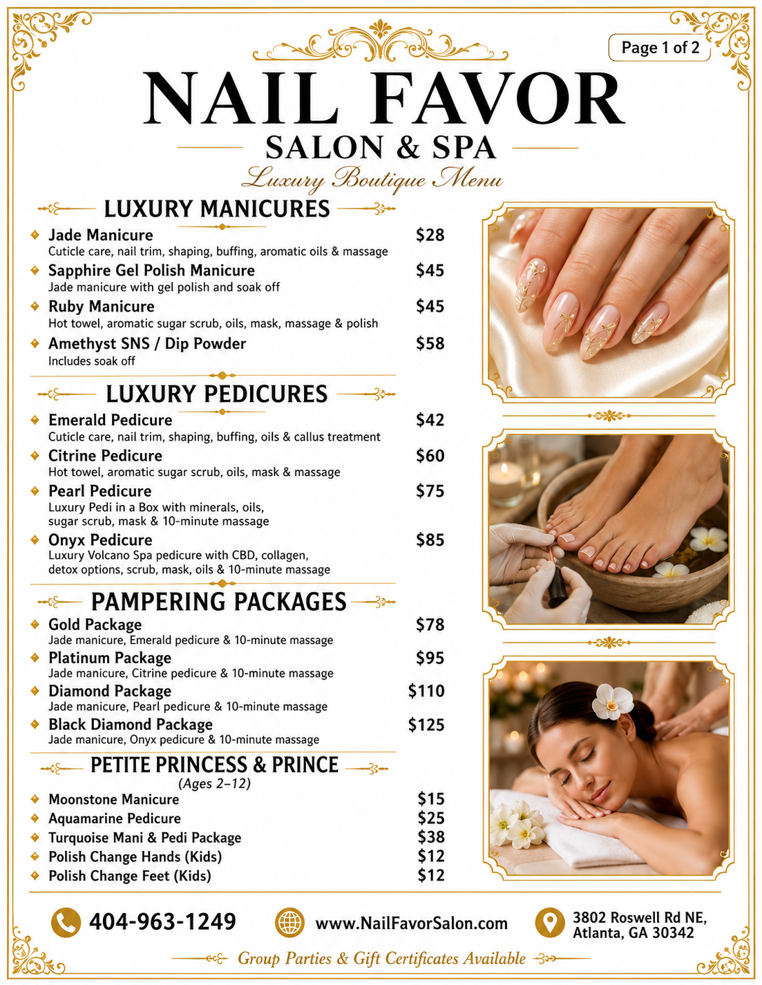 Nail Favor Salon and Spa service pricing list continued